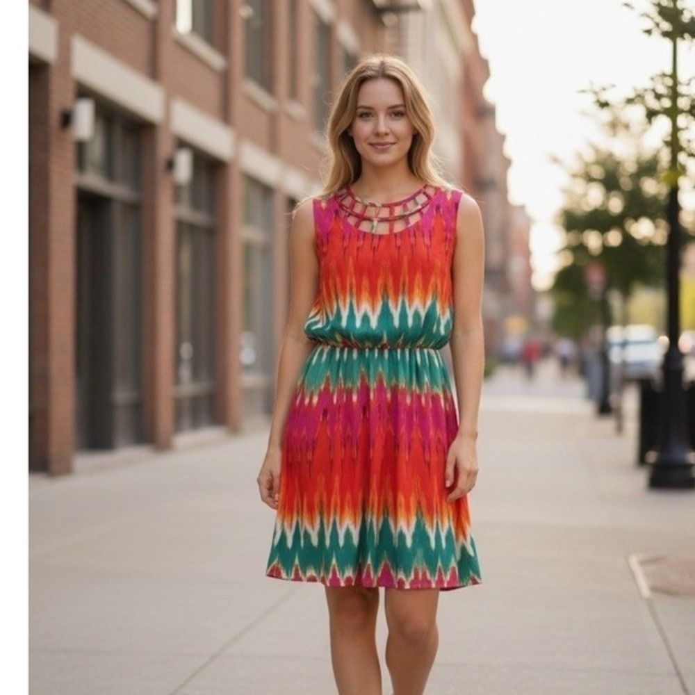 My Michelle Womens Dress 14 Orange Pink Ikat Chevron Cage Neck Boho Colorful‎